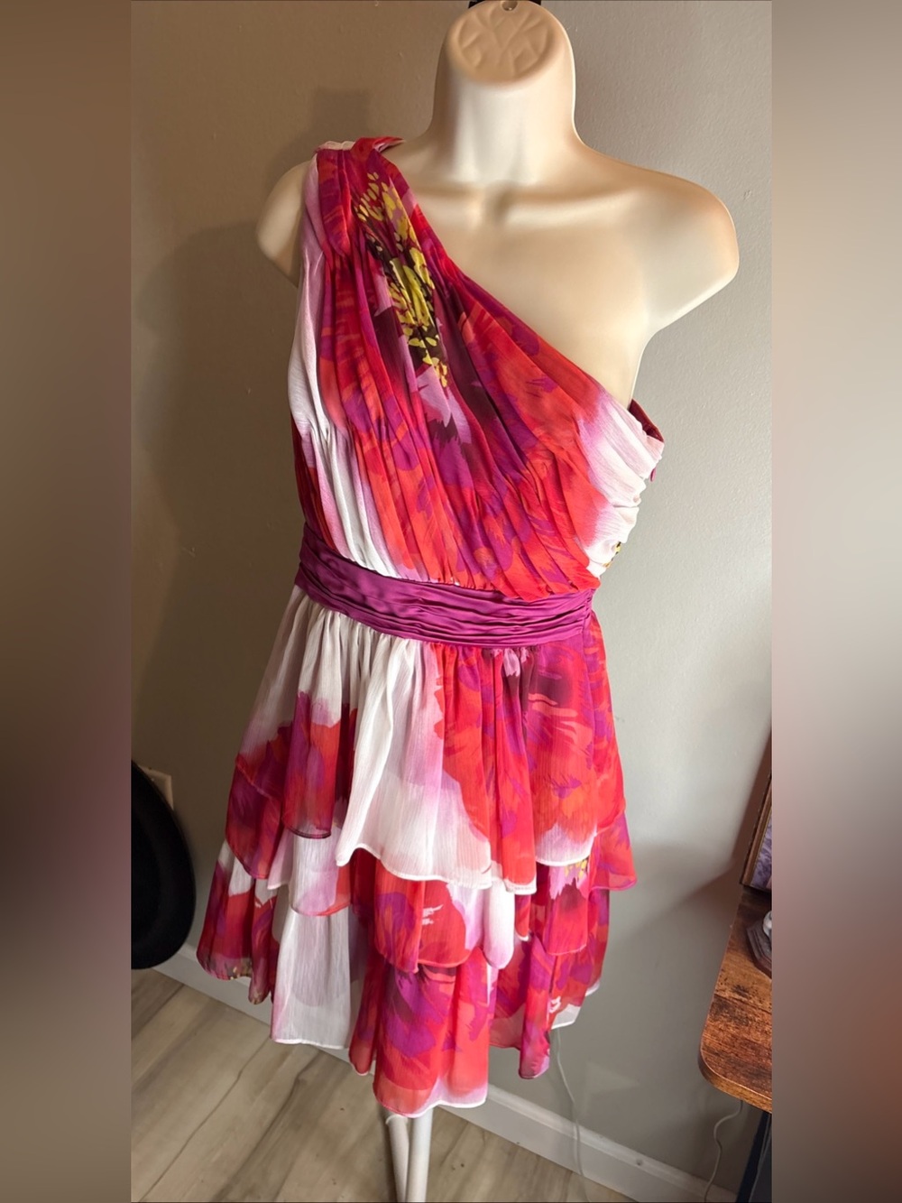 Max & Cleo Pink and Red Floral One-Shoulder Mini Dress